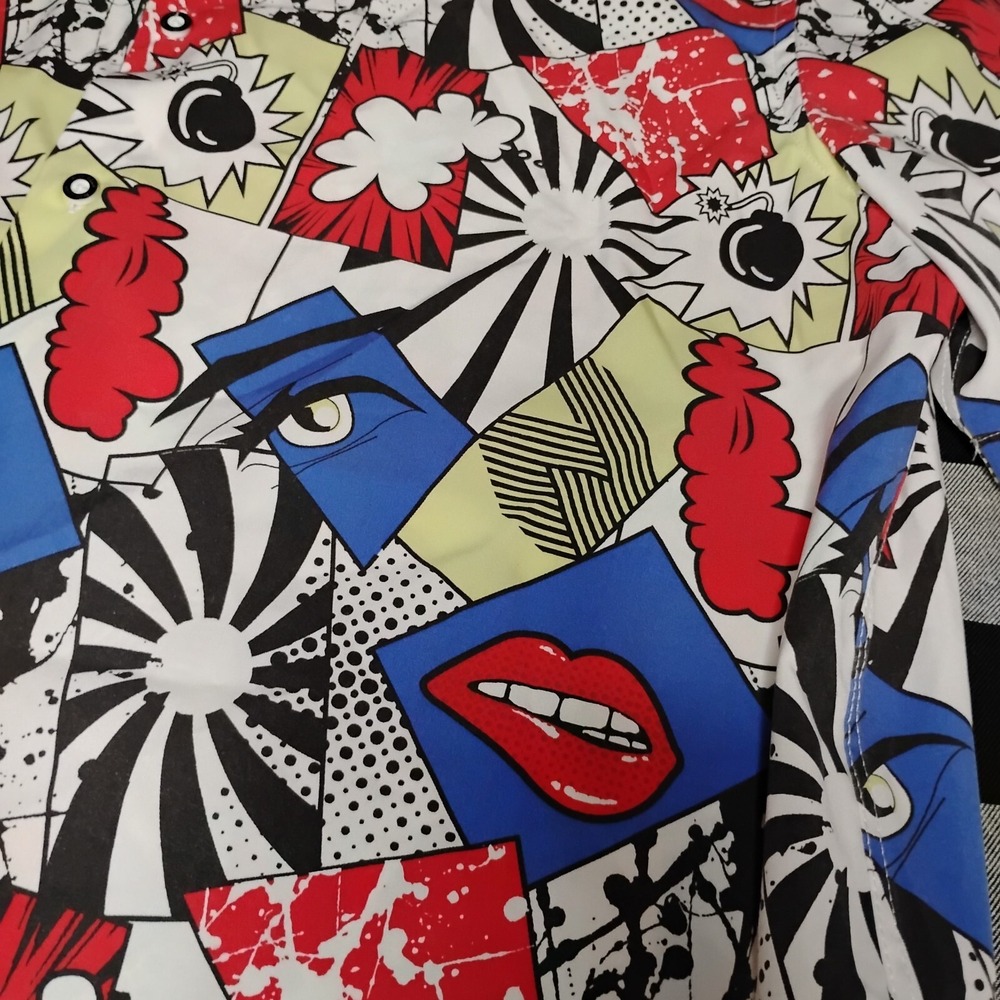Blue Gear Comic Multi Color‎ Stretch Short Sleeve Button Abstract Graphics XL - Picture 5 of 16
